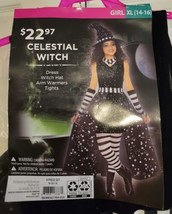 Celestial Witch Girls XL Halloween Costume 4 Pc Set Dress Hat Arm Warmers Tights - £23.73 GBP