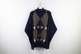 Vintage 90s Nautica Mens XL Faded Argyle Diamond Knit Henley Sweater Cotton - £42.55 GBP