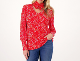 Isaac Mizrahi Live! Printed V-neck Top with Detachable Neck Tie Red, 3X - £23.45 GBP