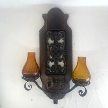 Vintage Spanish Wall Sconce Amber Glass Candle Holders Wood Metal 17.5&quot; ... - £138.36 GBP