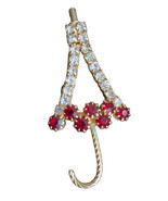 Vintage Red &amp; Clear Rhinestone Umbrella Brooch Gold Tone Pin 2 1/4&quot; - $19.68
