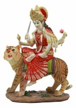 Hindu Goddess Durga Wearing Red Sari Riding On Tiger Figurine 8.5&quot; Tall ... - £53.48 GBP