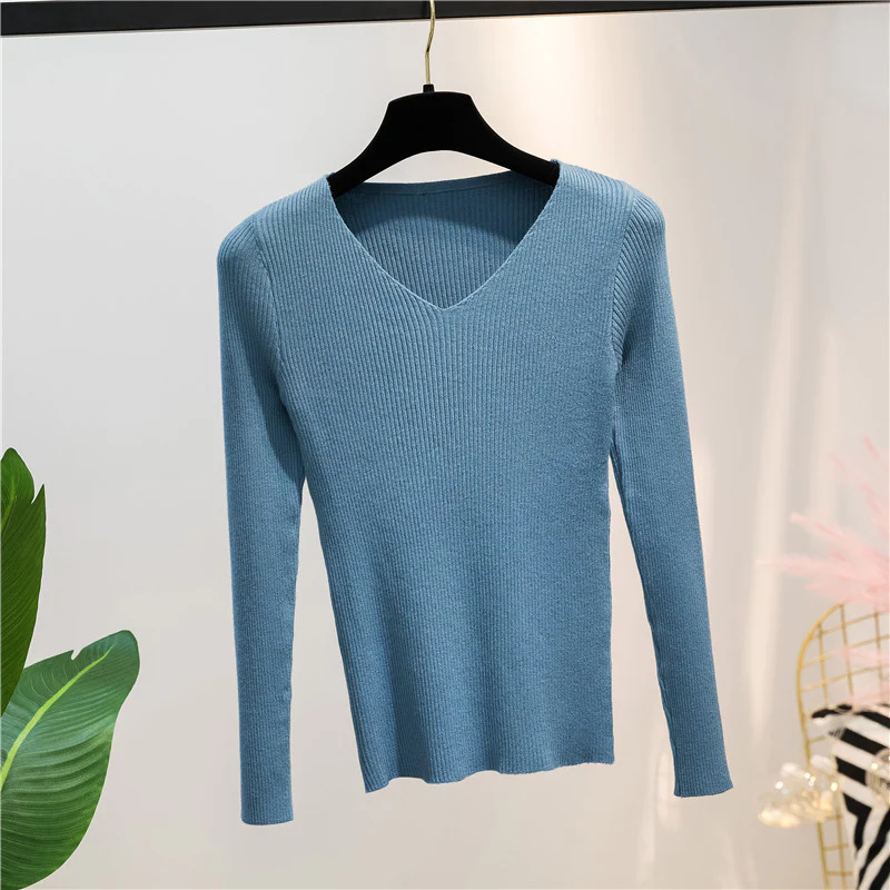 Blue  Autumn And Winter V-neck Knitted Long-sleeved Slim - $35.60