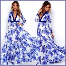 Ladies Empire Waist Flowing Full Flare Blue Roses Print V-Neck Long Sleeve Dress image 2