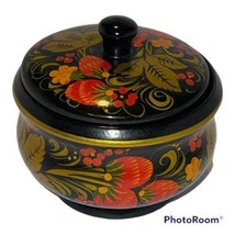 Vintage Russian Folk Art Floral Painted Jar Lid Sugar Bowl Khokhloma Collectible - £15.44 GBP