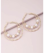 Gold &amp; Pearl Hoop Earrings Drop Fashion Jewelry New 2” Round Beaded USA ... - $13.72