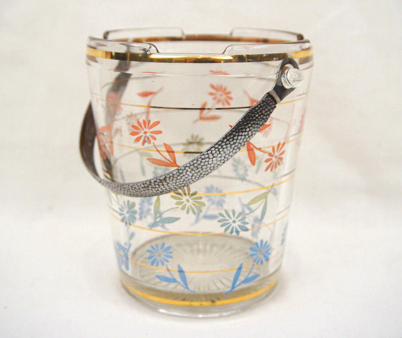 Mid Century Ice Bucket with Chrome Textured Handle Daisy Pattern Anchor Hocking - $29.95
