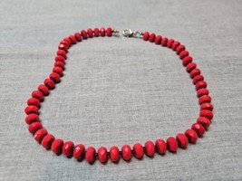 Vintage Red Large Beaded Necklace, Silver Tone Chain, 16&#39;&#39; - £5.22 GBP