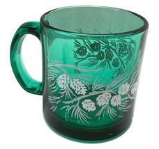 Vintage Green Glass Mug with White Pine Cones Christmas Holiday Winter USA - £11.16 GBP