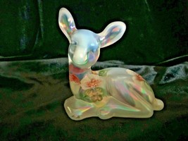 Fenton Art Glass Hand Painted Lenton Rose Opalescent Fawn Deer Figurine - £59.94 GBP