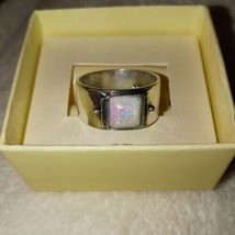 Square Silver  w/Opal Gemstone ~ Women&#39;s Size 9 ~ Wide Band Ring - £11.77 GBP