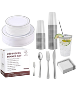 Silver Disposable Plastic Dinnerware Set 250 Count, 50 Silver Plastic Pl... - £41.88 GBP