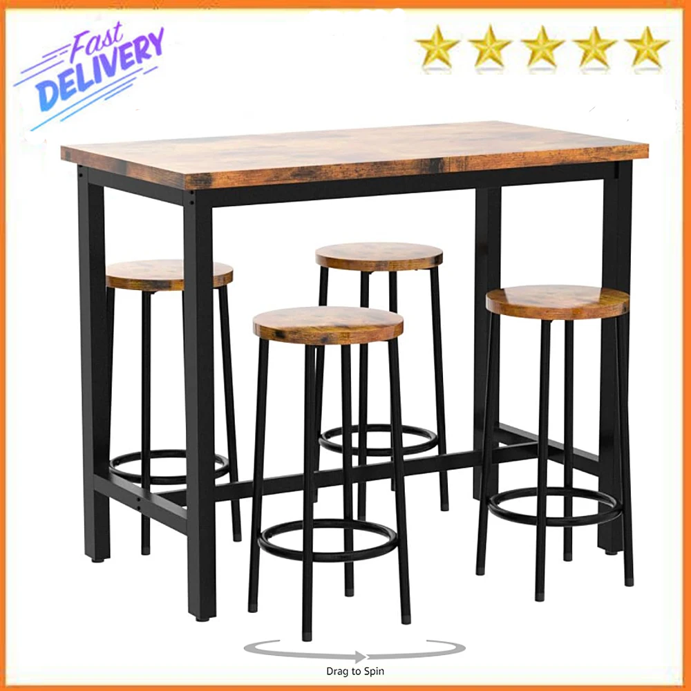 AWQM Dining Table Set for 4 Bar Table with Stools Industrial Counter Hei... - £168.79 GBP
