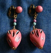 Fabulous Mod Pink &amp; Aqua Acrylic Gold-tone Clip Earrings 1960s vintage 2 1/4&quot; - £10.32 GBP