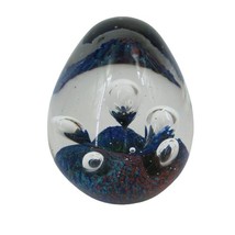 Handblown 3&quot; Art Glass Blue Red Clear Paperweight Egg Shaped Big Bubbles - £21.35 GBP