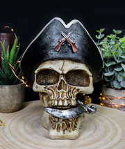 Pirate Captain Hook Marauder Skull With Golden Earring Statue Skeleton Decor - £20.77 GBP