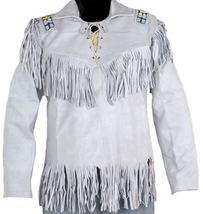 Men&#39;s Western White Leather Fringe Beaded Mountain Man Pullover Shirt MM02 - £109.31 GBP+