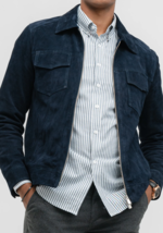 Leather Jacket Men Blue Suede Cafe Racer Size XS S M L XL XXL 3XL Custom... - $150.81