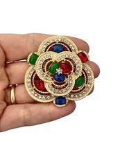2" Tall Gold Tone Retro Style Cluster Brooch Pin Multicolor Simulated Gemstones - $14.25
