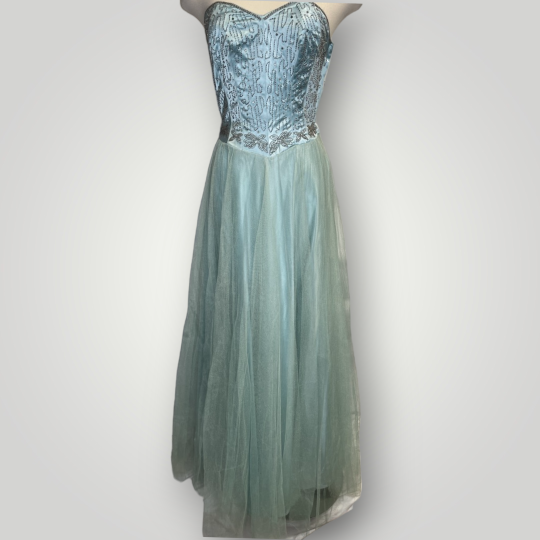 Primary image for Vintage Dress 1930s Strapless Beaded Ball Gown Light Blue Chiffon Rhinestones J