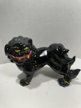 Chinese Foo Dog Lion Figure Sculpture Black Glossy Signed KEN Vintage Ceramic - £70.23 GBP
