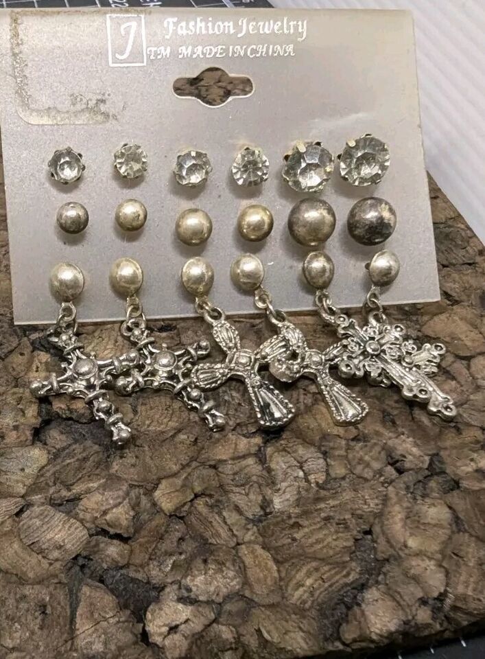 Vintage 9 Set Of Earrings Pierced Dangle Cross CZ Balls China Fashion Je... - $13.86