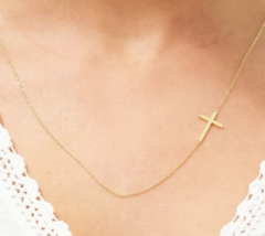 Tiny Sideways Cross Necklace Charm Pendant  14K Yellow Gold Plated Silver - £105.50 GBP