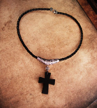 Black gothic Cross necklace - onyx medieval cross - leather choker -  religious  - $115.00
