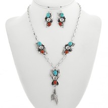 Navajo Made Arizona Kingman Turquoise Red Coral Y Necklace Earrings Sterling Set - £232.07 GBP