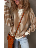 Khaki Stripe Patched Edge Textured Round Neck Long Sleeve Top - €14,81 EUR