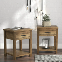 Farmhouse Nightstand 1-Drawer Set of 2 Single Shelf Oak Finish Accent Side Table - £140.84 GBP