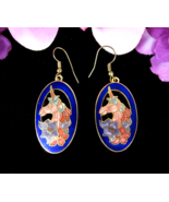 UNICORN Pierced EARRINGS Vintage Cloisonne BLUE Enamels FLORAL Wires Gol... - $24.25 CAD