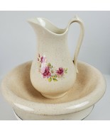 Vintage Handmade Hand Painted Large 11&quot; Water Pitcher &amp; Bowl Pink Rose - $44.88