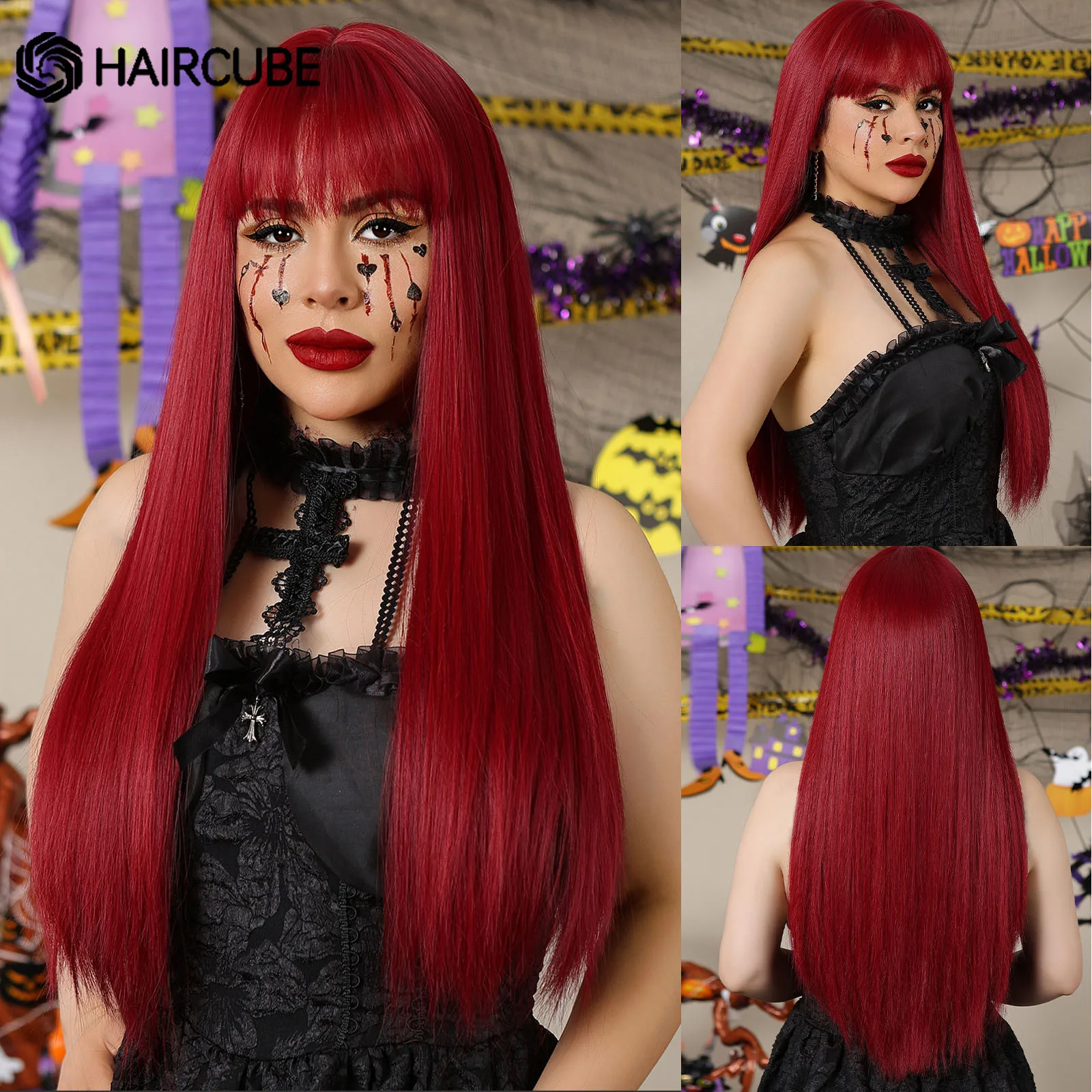 HAIRCUBE Long straight Cosplay Synthetic Wigs Wine Red Fake Hair Wigs for Wom - £19.20 GBP+