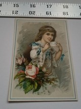 Home Treasure Trading Card Greeting Girl With Envelope Antique Roses Blue Ribbon - £7.58 GBP