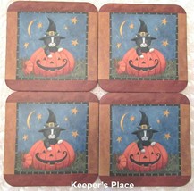 Halloween Pumpkin Black Cat Coasters Witch Hat Cork Back Set Of 4 - £8.03 GBP