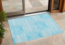 2&#39; X 3&#39; Teal and White Abstract Washable Non Skid Indoor Outdoor Area Rug - $1,136.07 MXN