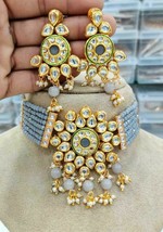 Bollywood Indian Gold Plated Jewelry Kundan Choker Necklace Earrings Blue Set - £37.20 GBP