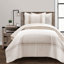 Twin/Twin XL Beige Off-White Cream Stripe 2-Piece Reversible Cotton Quilt Set - $3,645.41 MXN