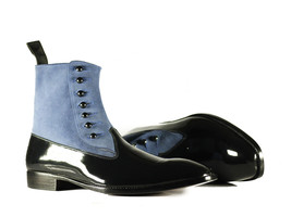 Handmade Men&#39;s Black Patent Leather Blue Suede Button Boots, Men Designer Boots - £120.06 GBP