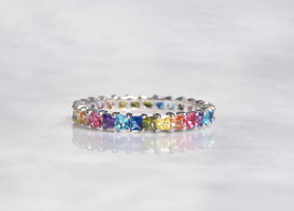 ADIRFINE 925 Sterling Silver Multi Colored Rainbow Princess Cut CZ Eternity Band - $47.99