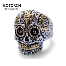 Real Solid 925 Sterling Silver Sugar Skull Rings For Men Mexican Rings Retro Gol - £55.95 GBP