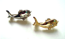 Vintage Pair Fish Scatter Pins/Brooches Blue Green Rhinestone Eyes 1950s - $21.00