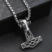 Men&#39;s Celtic Wolf Thor&#39;s Hammer Pendant Necklace Viking Jewelry Box Chain 24&quot; - £7.93 GBP