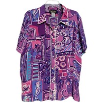 Bob Mackie Wearable Art Womens Silk Shirt Sz XL Purple Abstract Cat Flowers Fish - £30.95 GBP
