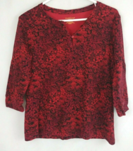 NorthCrest Classic Women&#39;s 3/4 Sleeve Black With Red Floral Design Shirt Small - £9.91 GBP
