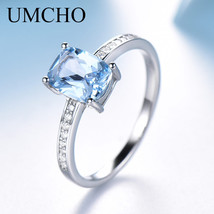 UMCHO Rectangle Created Sky Blue Topaz Ring Real 925 Sterling Silver Jewelry Col - $26.57