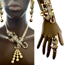 Bright Gold Tone Exuberant Jaguar Statement Necklace Ring Bracelet Earri... - $59.00
