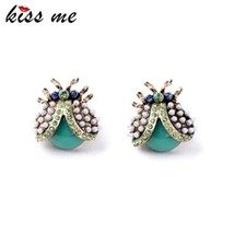 Lady Bug Stud Earrings With Pearls Cute Crystal Insect Trendy Earring For Women - £5.97 GBP