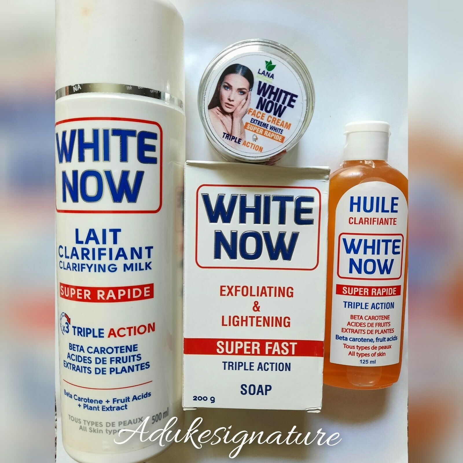 4 in 1:White Now Whitening Body Lotion 500ml + Oil + Soap 200g + Face cream - $83.99